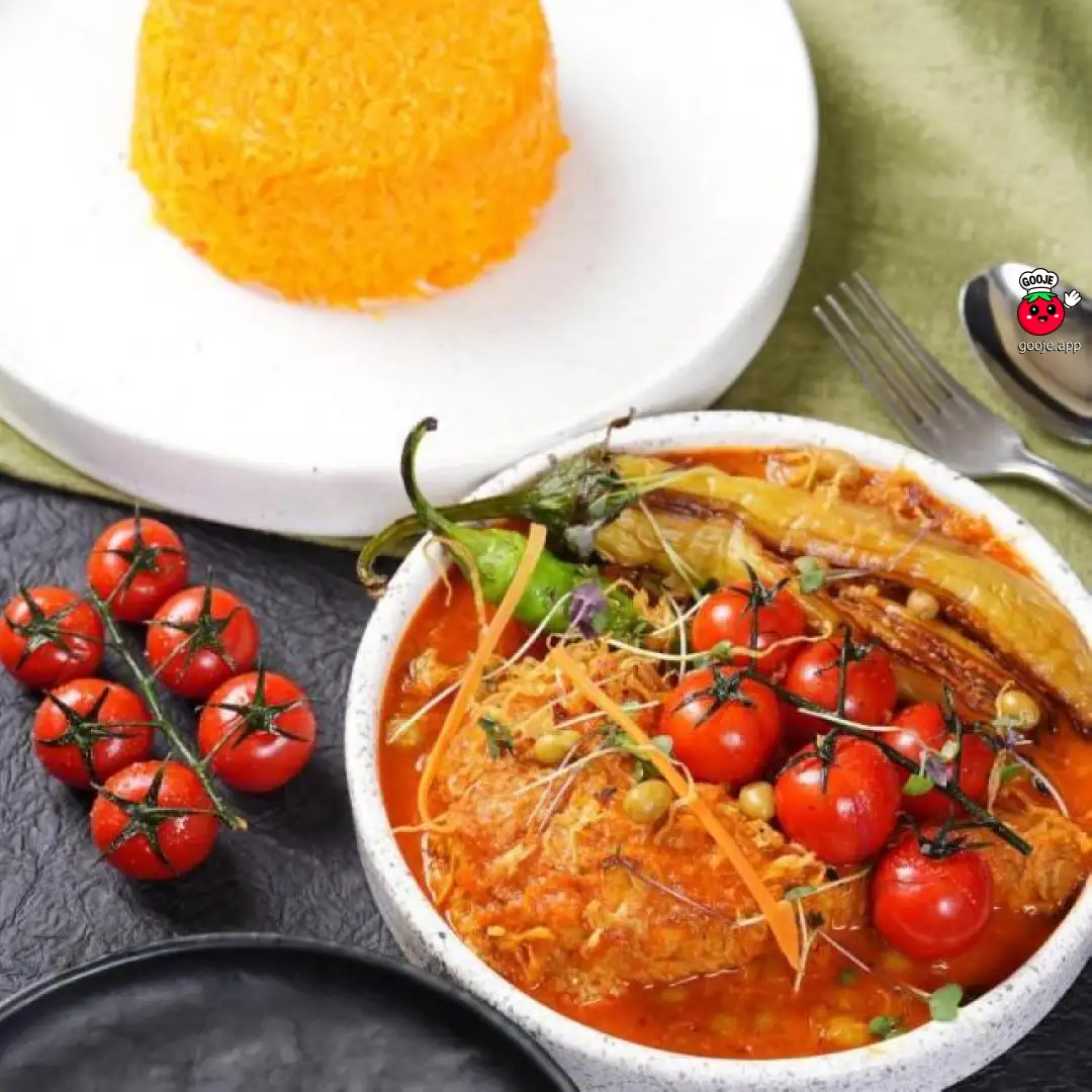 چلو خورشت مسما بادمجان با ران مرغ