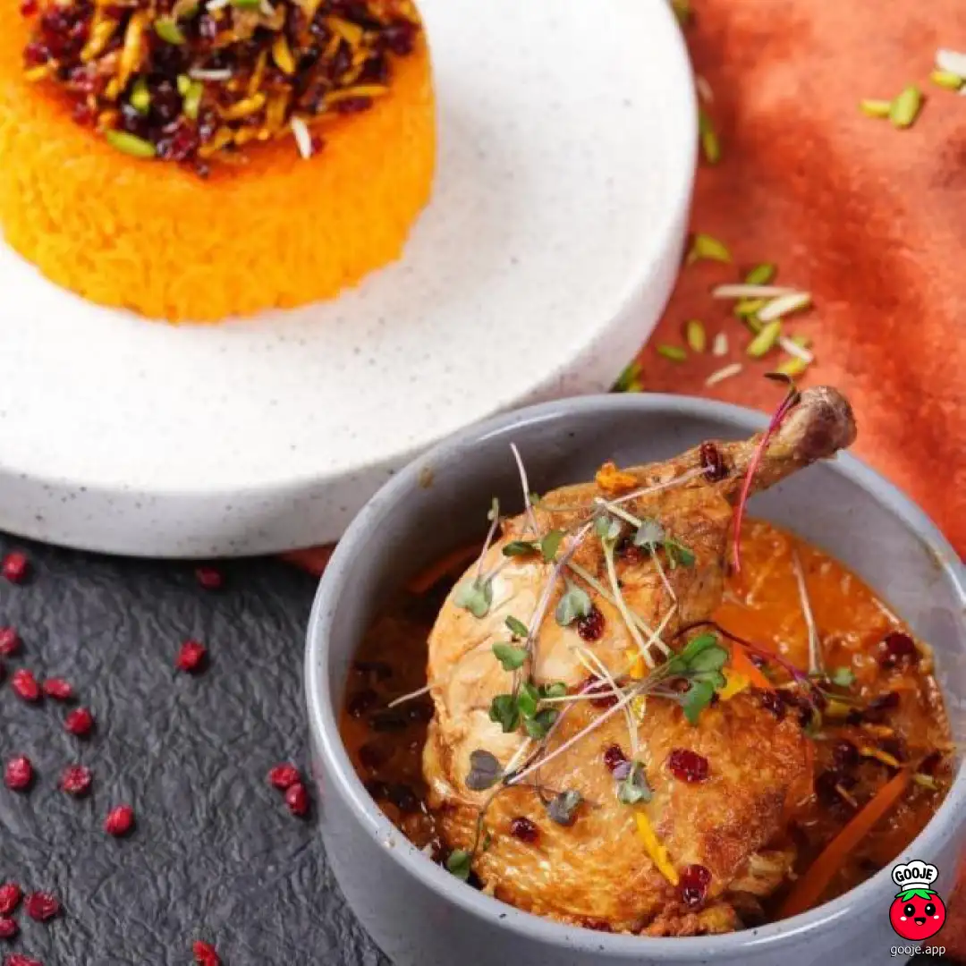 زرشک پلو با ران مرغ سس پز