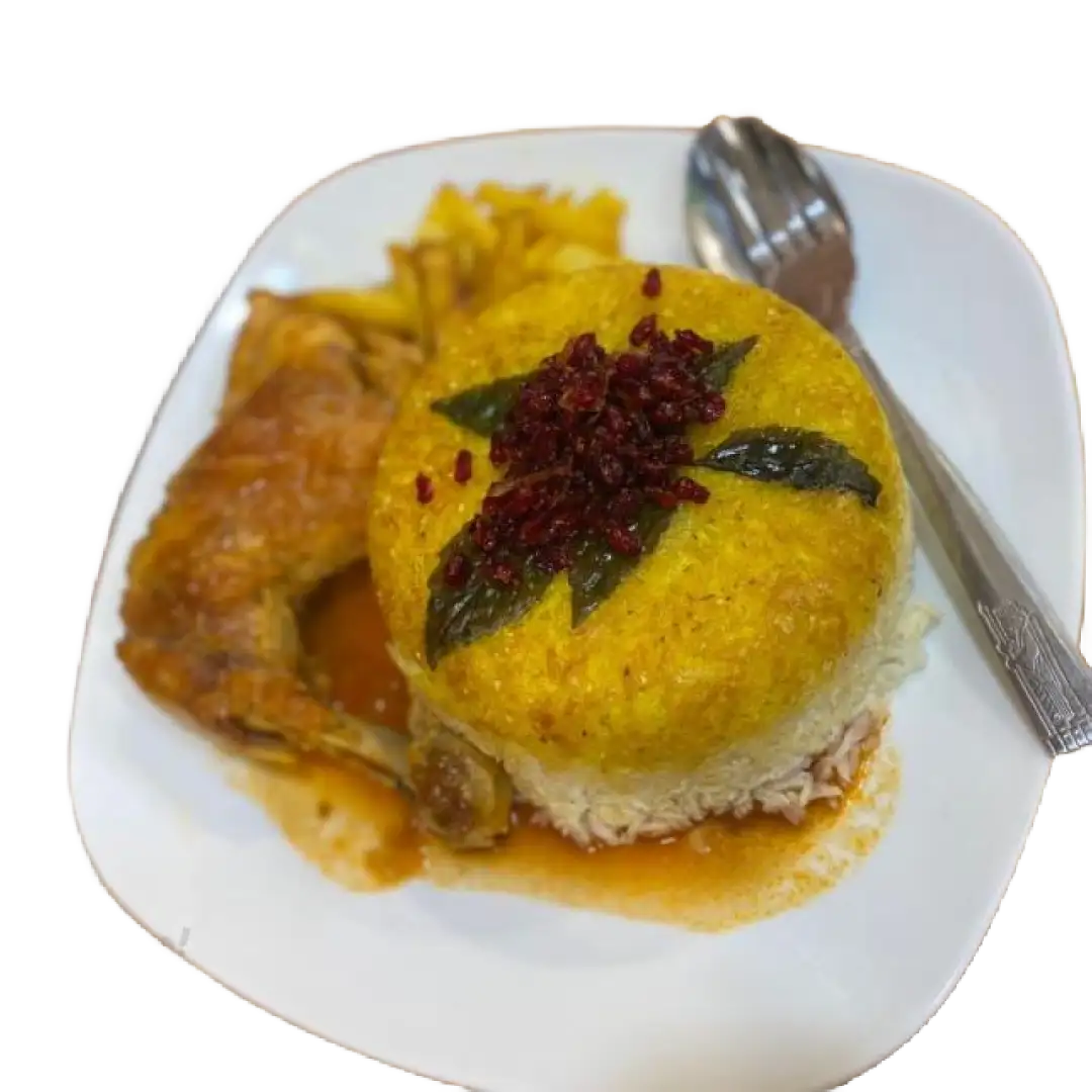 زرشک پلو با ران مرغ سرخ شده