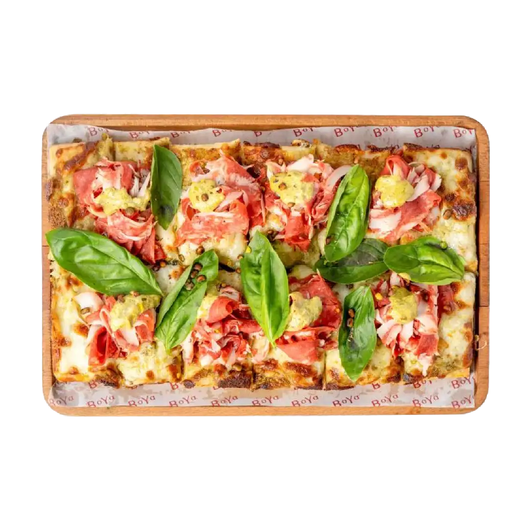 Beef Ham, Pistachio Pesto Pizza